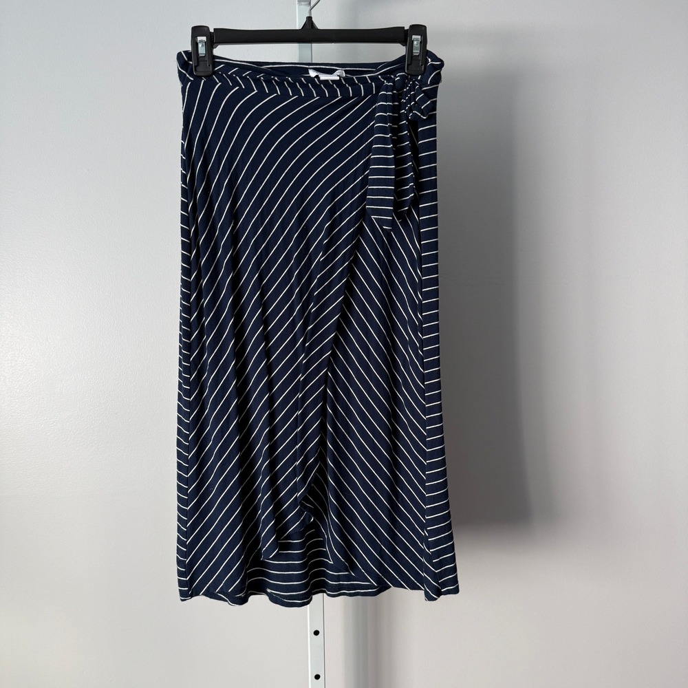 Adrienne Vittadini XS Navy Blue Skirt Striped Faux Wrap Waist Nautical Coastal